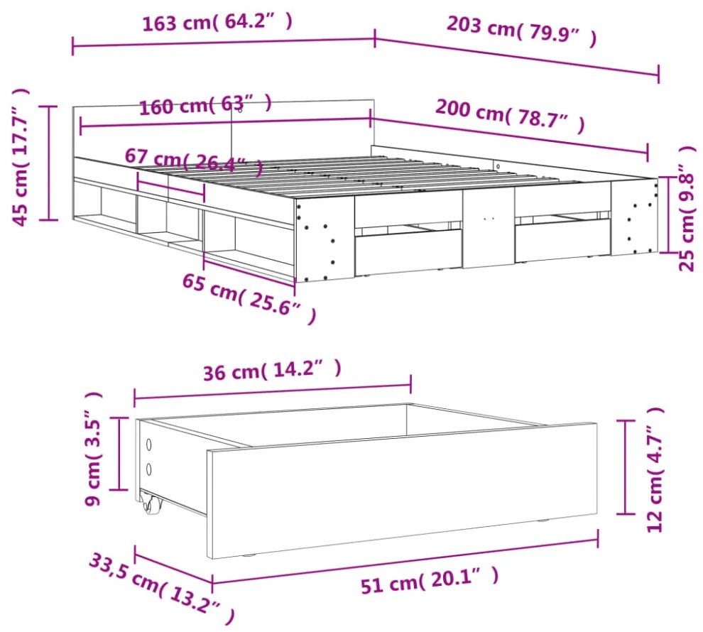 betonszürke szerelt fa ágykeret fiókokkal 160 x 200 cm