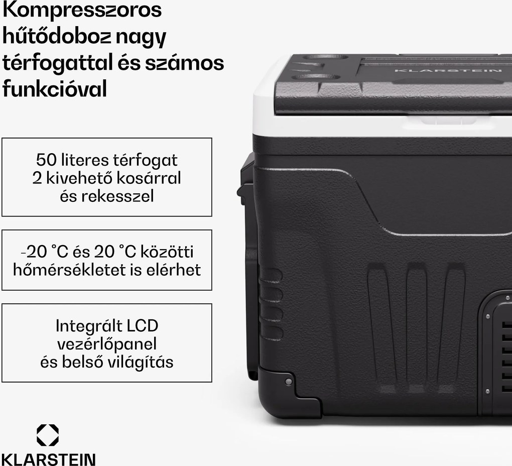 Klarstein PolarForce 50L kompresszoros hűtődoboz, LCD panel, világítás, off-road, akkumulátorvédelem, 12V/230V