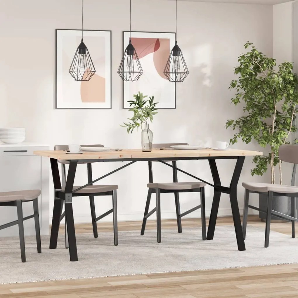 Tömör fenyőfa és acél étkezőasztal Y-vázzal 160x80x75,5 cm