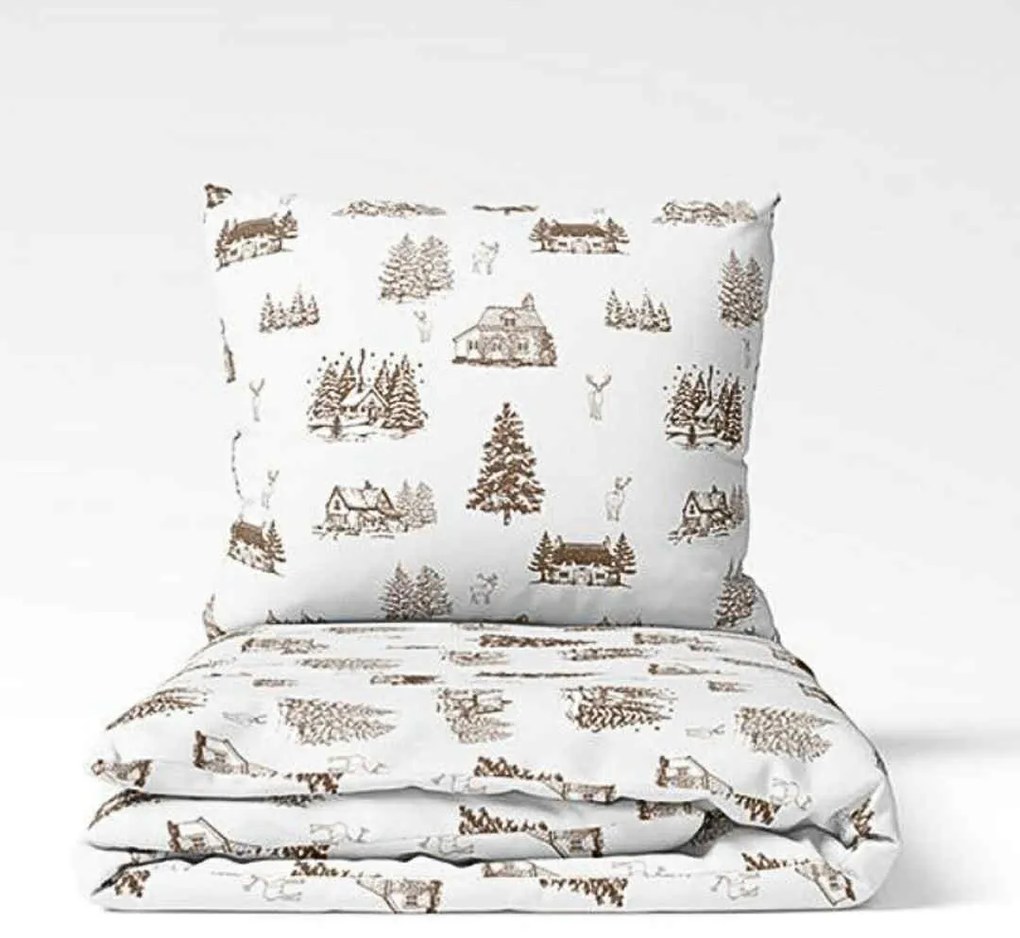 Karácsonyi Barna házikó pamut ágyneműhuzat TiaHome - 1x Párna 90x70cm, 1x Paplan 140x200cm
