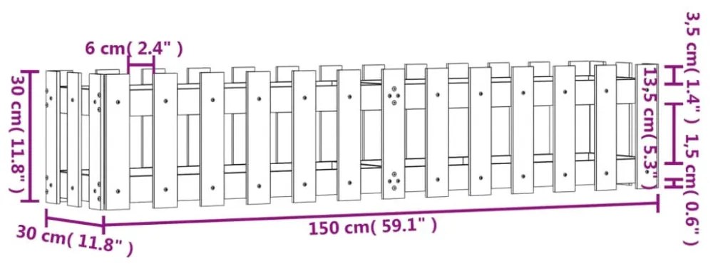 fehér tömör fenyőfa kerti magaságyás kerítéssel 150x30x30 cm