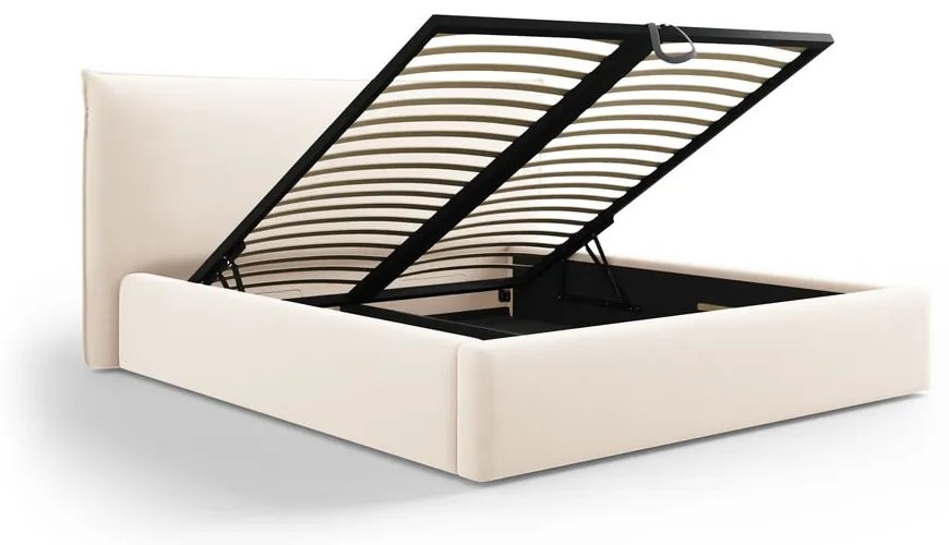 Krémszínű kárpitozott ágyneműtartós franciaágy ágyráccsal 140x200 cm Elio – Milo Casa