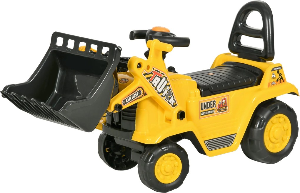 HOMCOM Ülő Exkavátor Beépített Tárolórekeszes Gyerek Ride-on Traktor Gyerek Digger Közlekedési Kisautó Sárga+Fekete 80 x 26.5 x 39 cm | Aosom