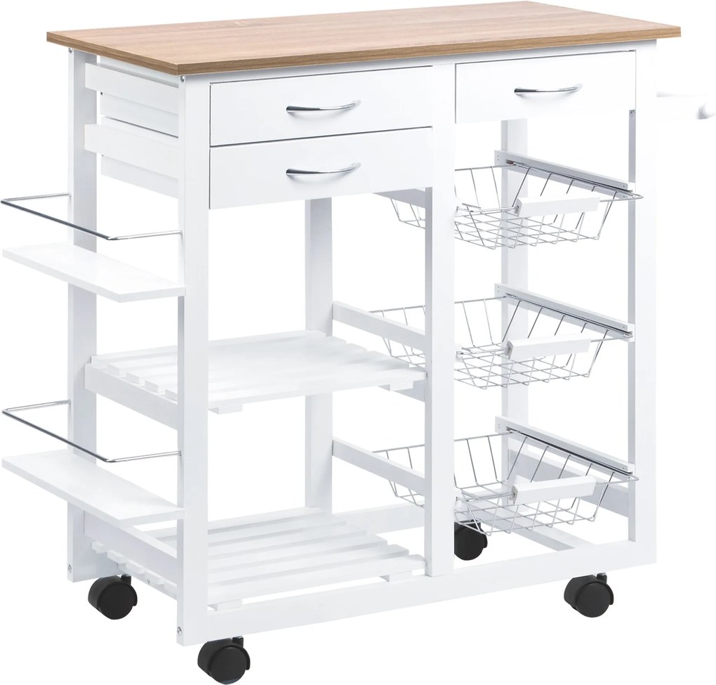HOMCOM Multifunkcionális Konyhai Kocsi Fiókokkal, Kosarakkal, Polcokkal, Fűszerállvánnyal, Törölköző Akasszal 92x37x82 cm Fehér | Aosom