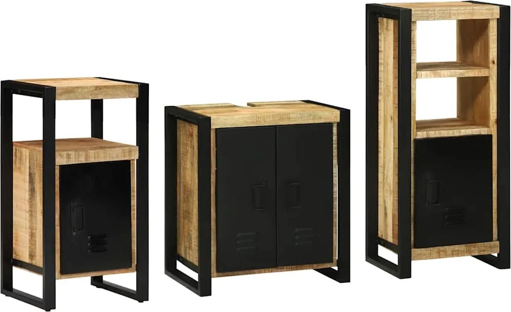 vidaXL Fürdőszoba bútor szett 3 pcs Barna és fekete Tömör Mangófát