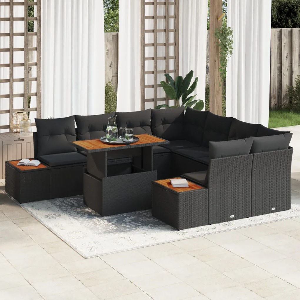 9 darabos kert kanapé szett párnákkal Fekete Poly Rattan