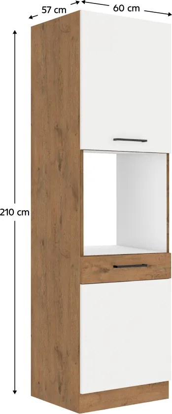 Magas szekrény beépített sütőnek, lancelot tölgy/ fehér extra magas fényű HG, VEGA 60 DP-210 2F