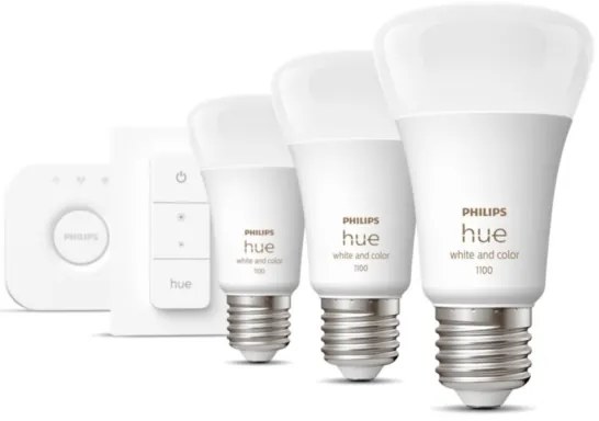 Philips Hue WACA kezdőkészlet – 3× E27/9W, 2000–6500 K + Hue Bridge és fényerőszabályzó kapcsoló