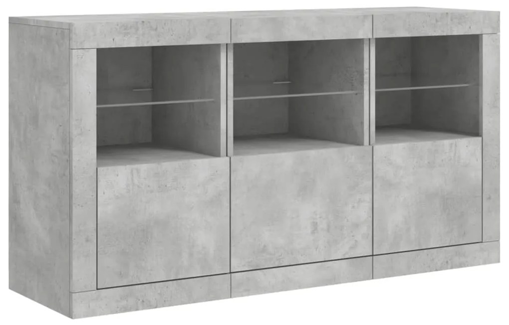betonszürke tálalószekrény LED-világítással 123 x 37 x 67 cm