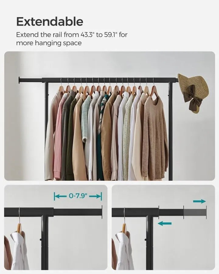 Gurulós ruhatartó állvány, max. 130 kg terhelhetőség, 45 x (110-150) x 162,9 cm, matt fekete