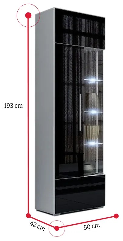 LUGANO magas vitrines szekrény, fehér/magasfényű lila