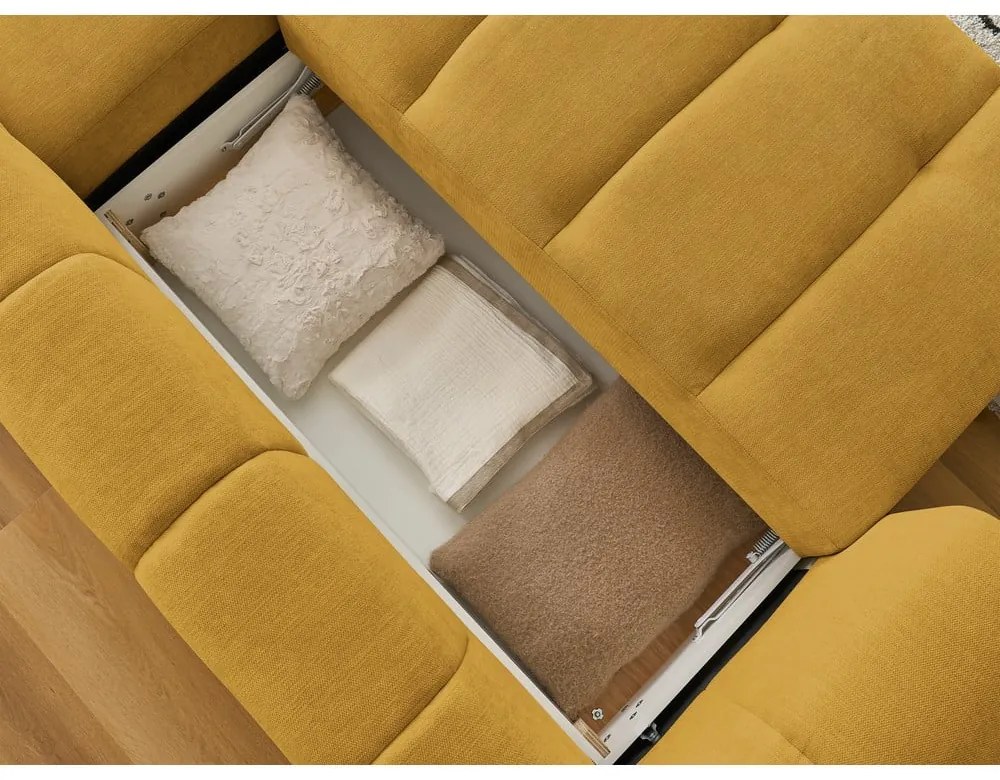 Mustársárga kinyitható-tárolóhelyes sarokkanapé (jobb oldali-heverő résszel) Fuji – Bobochic Paris