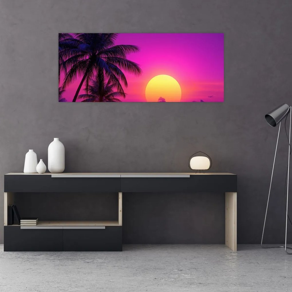 Kép - Lila naplemente pálmafával (120x50 cm)