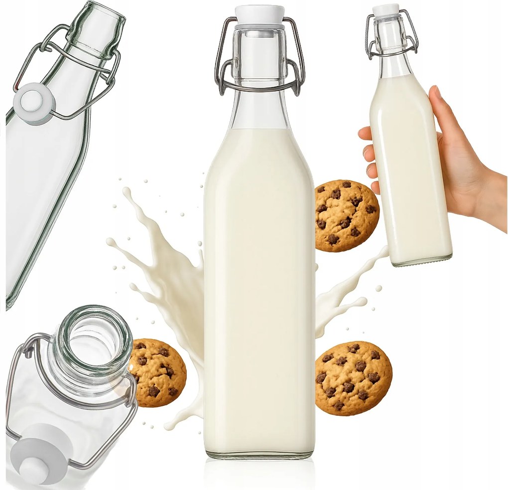 Üvegpalack tejhez, vízhez, gyümölcsléhez 1 literes, mechanikus dugóval, tejhez, gyümölcslevekhez