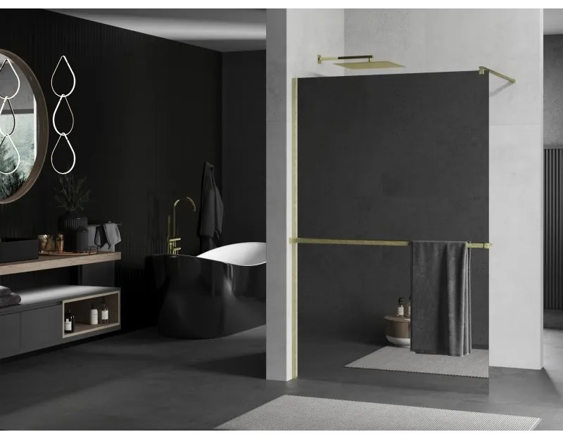 Mexen Kioto+, Walk-In zuhanyparaván polccal és akasztóval 110 x 200 cm, 8 mm-es tükörmintás üveg, arany matt profil, 800-110-121-55-50