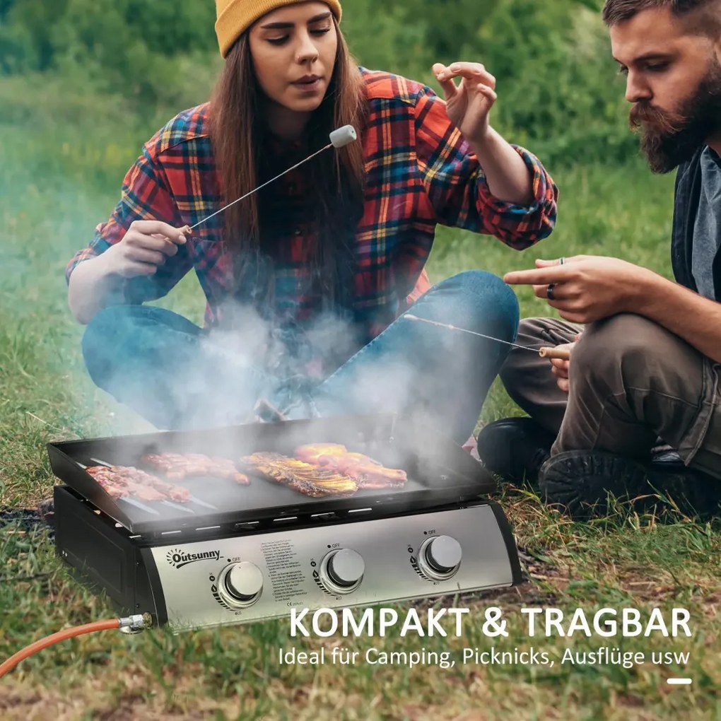 Outsunny gázgrill fedővel, 3 égővel, zsírfelfogó tálca, tapadásmentes felület, fekete/ezüst