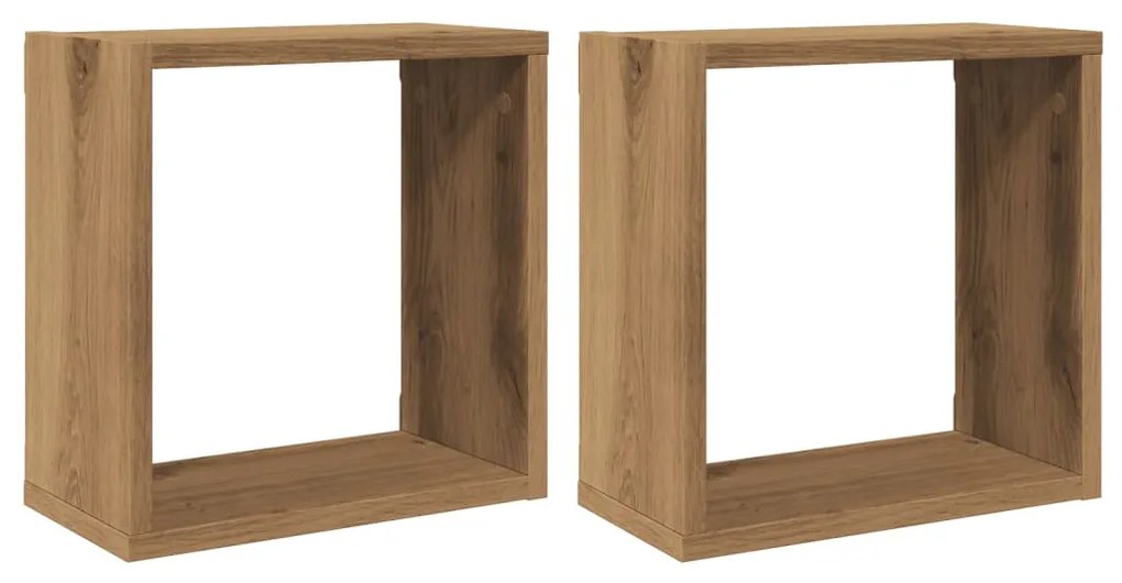2 db kézműves tölgyszínű szerelt fa fali kockapolc 30x15x30 cm