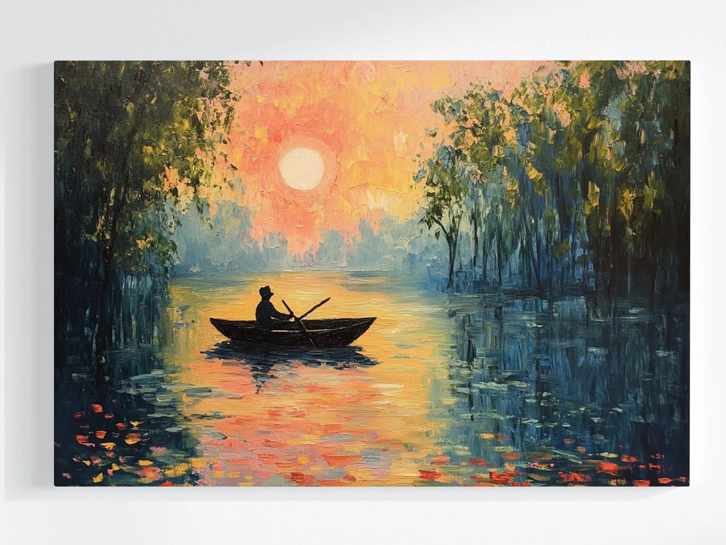 Vászonkép Canvas Tájkép Tó Víz Csónak Napnyugta 120x80