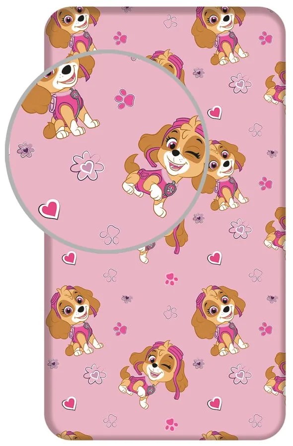 Rózsaszín gumis egyszemélyes pamut gyerek lepedő 90x200 cm Paw Patrol – Jerry Fabrics