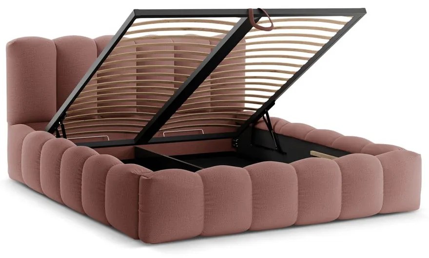 Rózsaszín kárpitozott ágyneműtartós franciaágy ágyráccsal 160x200 cm Lupine – Micadoni