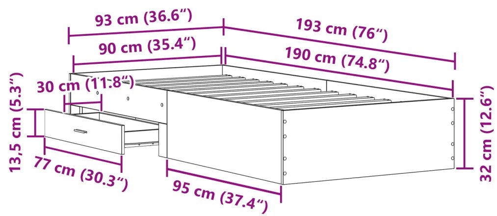 Ágykeret Fekete Tölgy 90x190 cm Műanyag Fa
