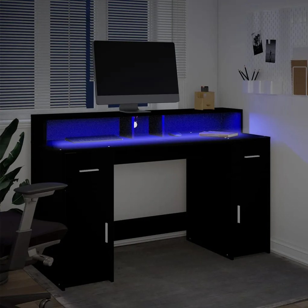 fekete szerelt fa íróasztal LED-világítással 140 x 55 x 91 cm