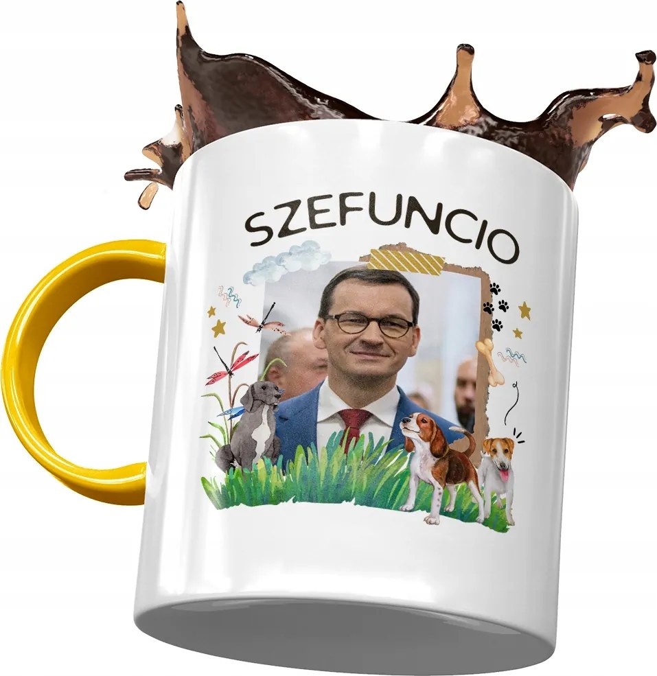 Sárga bögre Mateusz Morawiecki Premier Ajándék Nyomtatott Fotóval