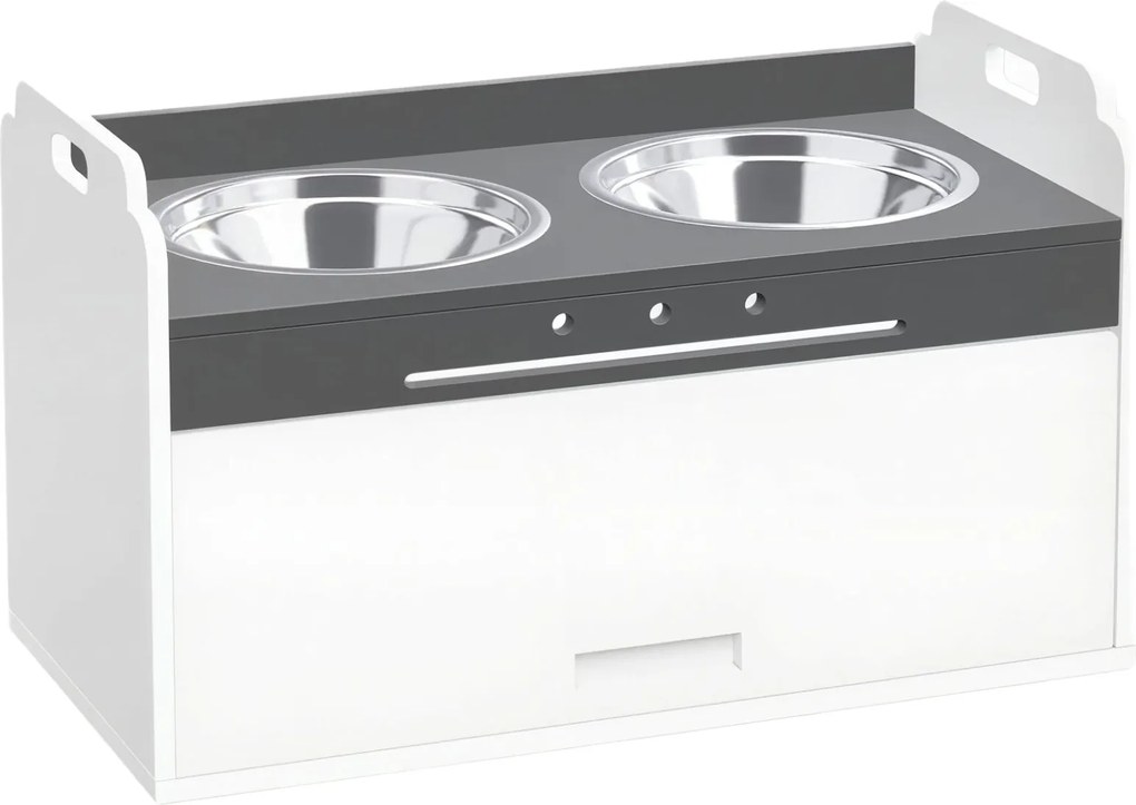 PawHut emelt kutyaetető tárolós szekrénnyel, 2 rozsdamentes tál (lassító tál), csúszásgátló — Fehér | Aosom