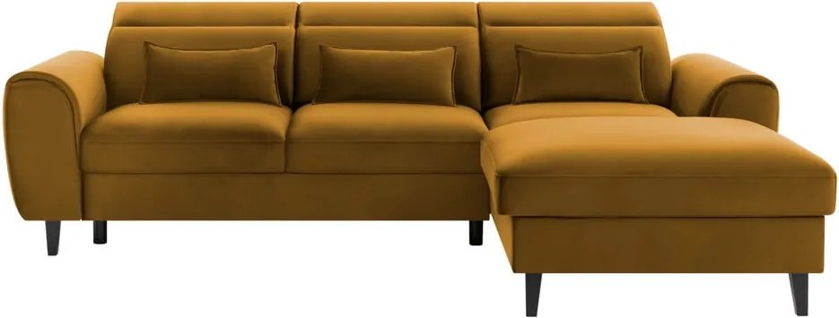Sárga bársony kinyitható-tárolóhelyes sarokkanapé (jobb oldali-heverő résszel) Foble – ELTAP