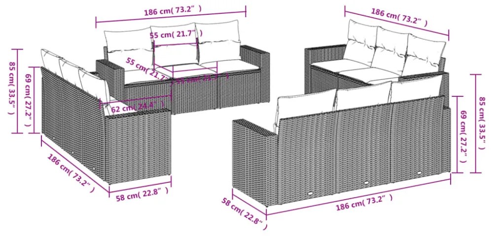 vidaXL 12 részes fekete polyrattan kerti ülőgarnitúra párnákkal