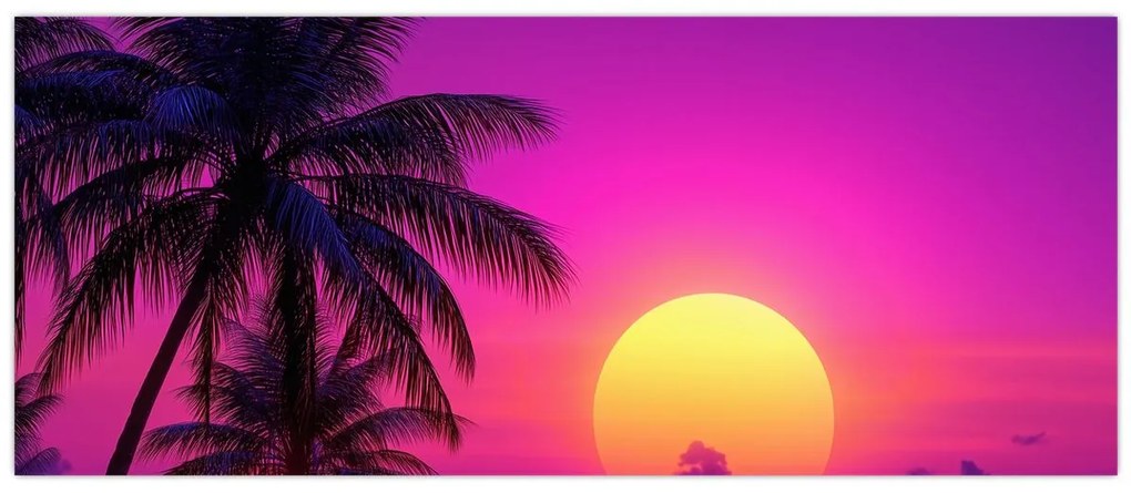 Kép - Lila naplemente pálmafával (120x50 cm)
