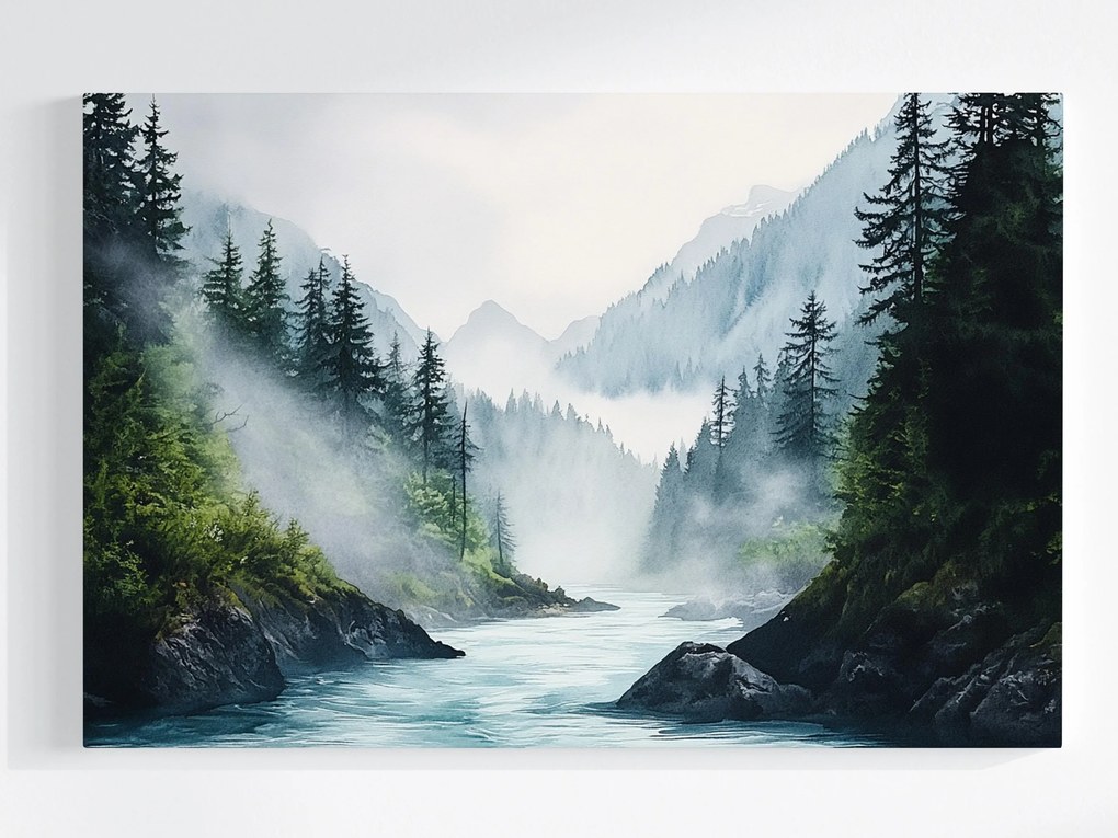 Vászonkép Canvas Tájkép Hegyek Erdő Fák Folyó Köd 60x40