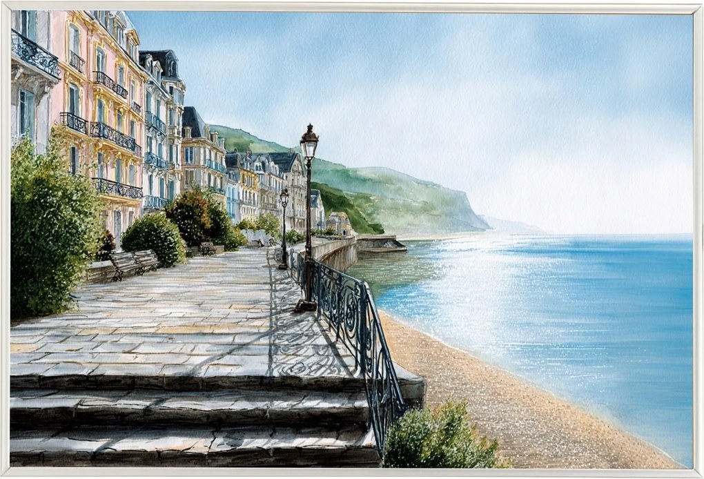 Poszter Keret Alumínium Tájkép Franciaország Város Sétány Tenger Nap 60x40
