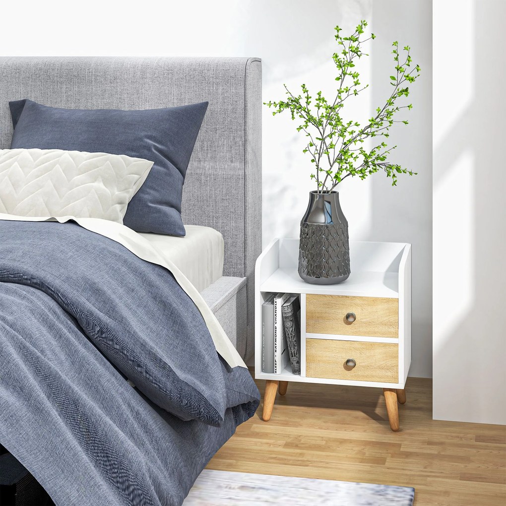 HOMCOM Éjjeli Székasztal 2 Nagy Fiókkal és 1 Nyitott Polccal, Emelt Fenyőlábakkal, Nordikus Design, 43x30x49 cm, Fehér | Aosom