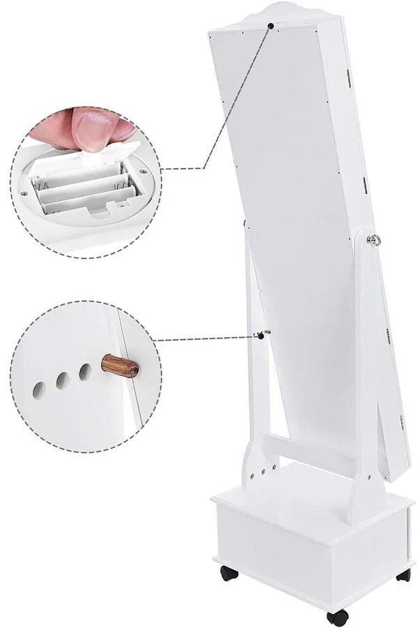 Tükrös ékszerszekrény kerekekkel és LED világítással, zárható, fehér