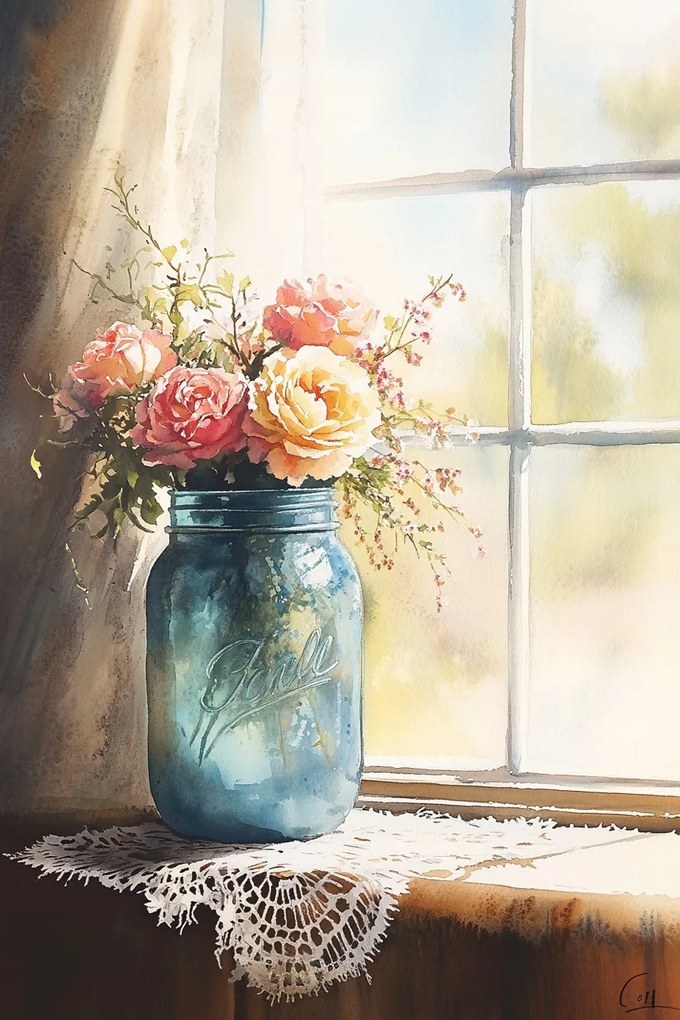 Vászonkép Canvas Akvarell Virágok Rózsák Befőttesüveg Ablak Shabby Chic 40x60