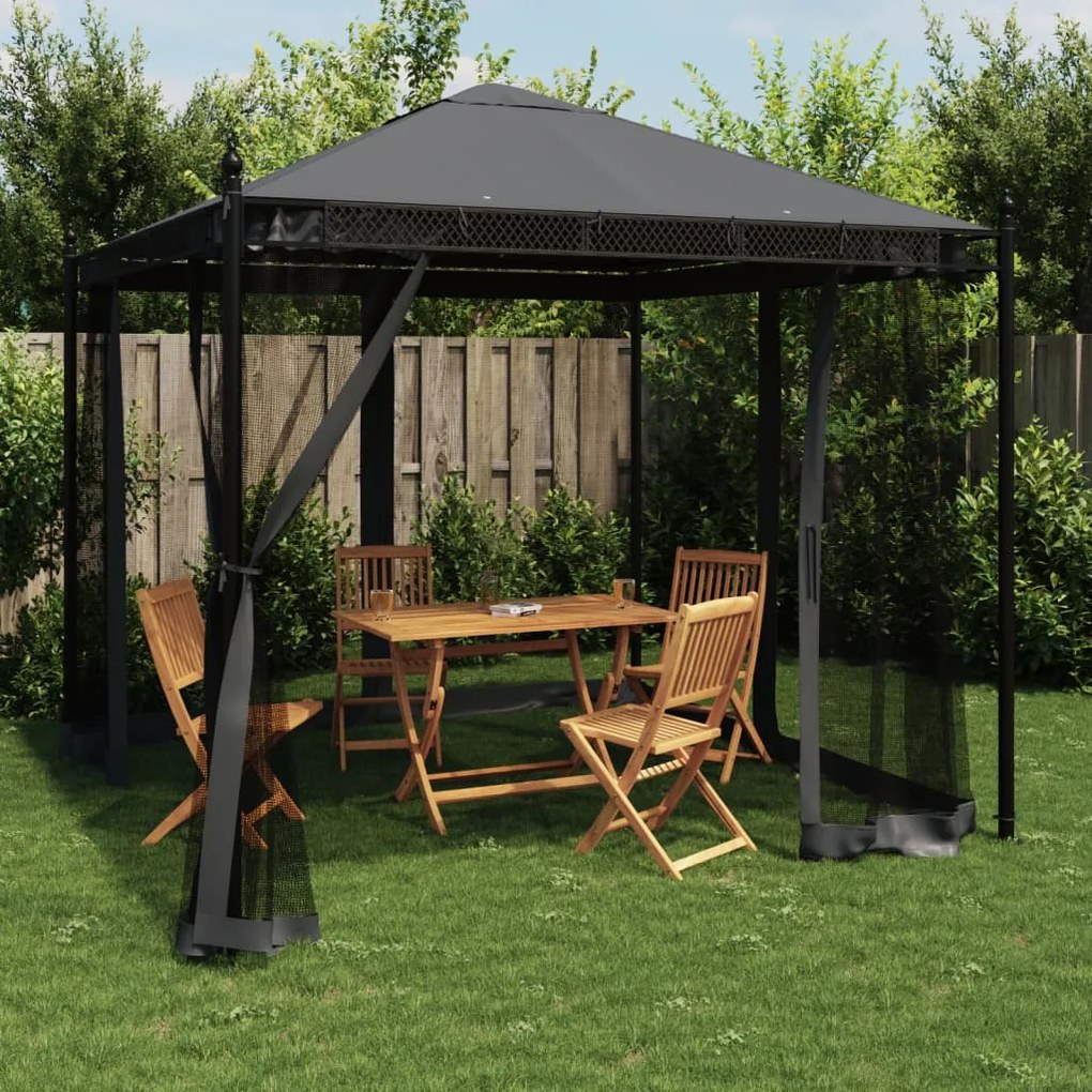 antracitszürke acél pavilon hálós oldalakkal 2,93 x 2,93 m
