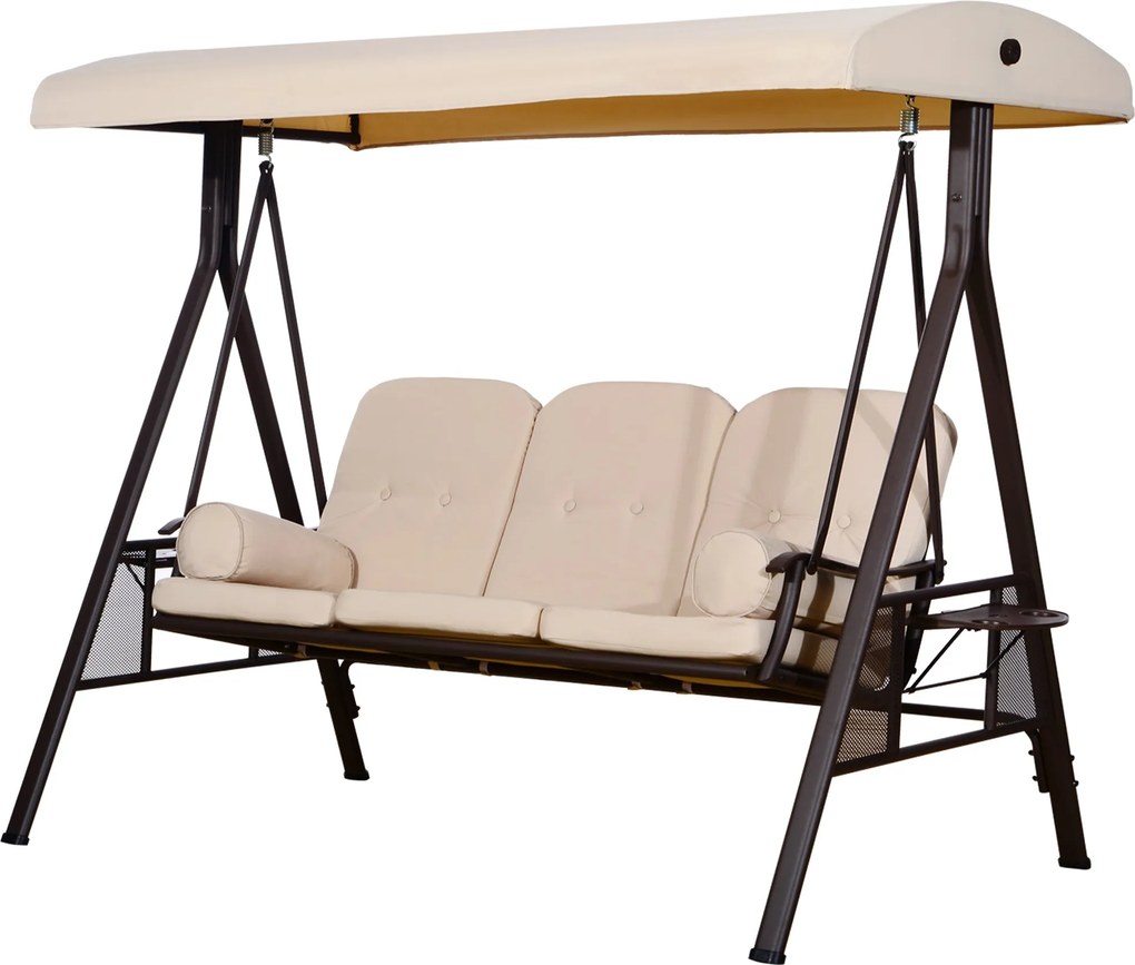 Outsunny 3-személyes Kerti Hinta Állítható Napernyővel, Oldalsó Tálcákkal, 2 Párnás és Fém Váz 360 kg 208x121x172 cm Beige | Aosom