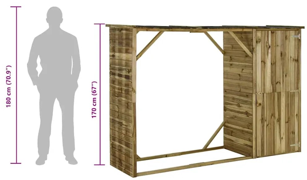 fenyőfa kerti tűzifatároló fészer 253 x 80 x 170 cm