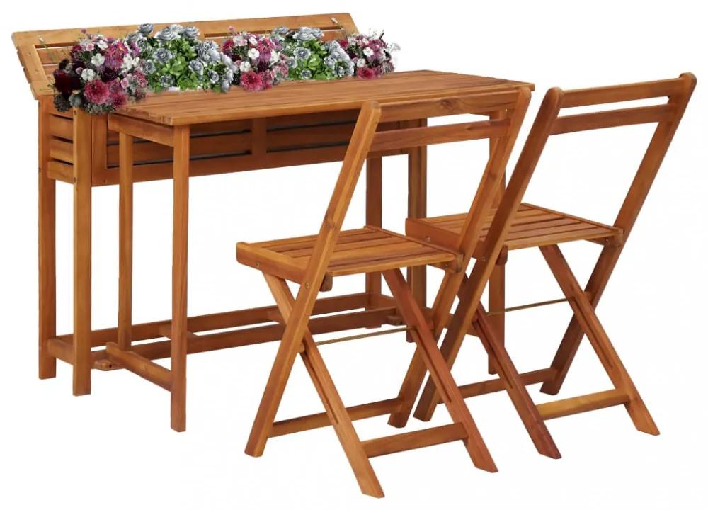 Tömör akácfa virágtartó asztal erkélyre 2 db bisztrószékkel