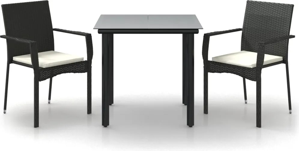 vidaXL 3 részes fekete polyrattan kerti étkezőgarnitúra párnákkal