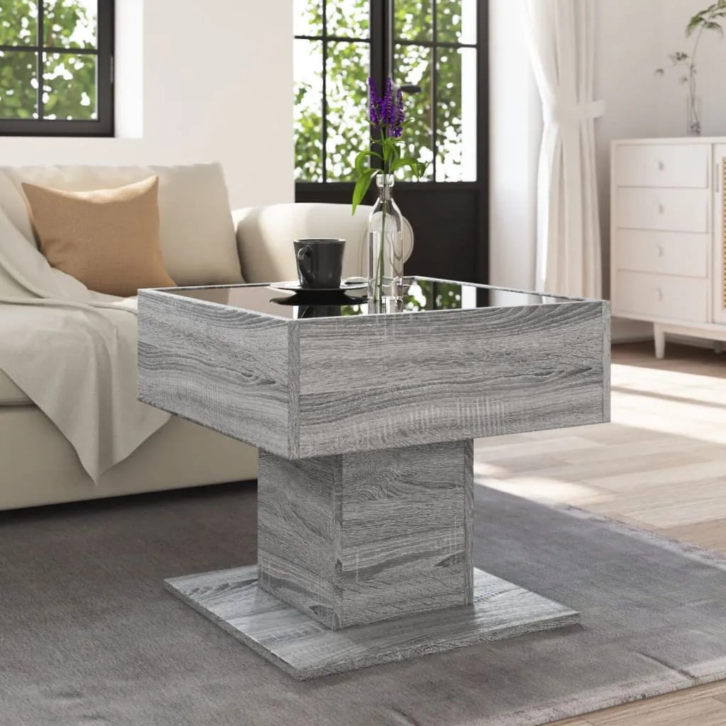 Szürke sonoma szerelt fa dohányzóasztal LED-del 50 x 50 x 45 cm