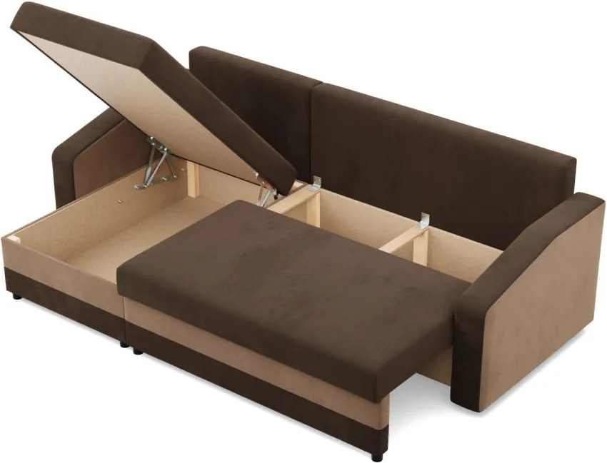 Hewlet sarokkanapé, 2 ágyneműtartóval, szövet anyag, univerzális oldal, hab töltet, barna