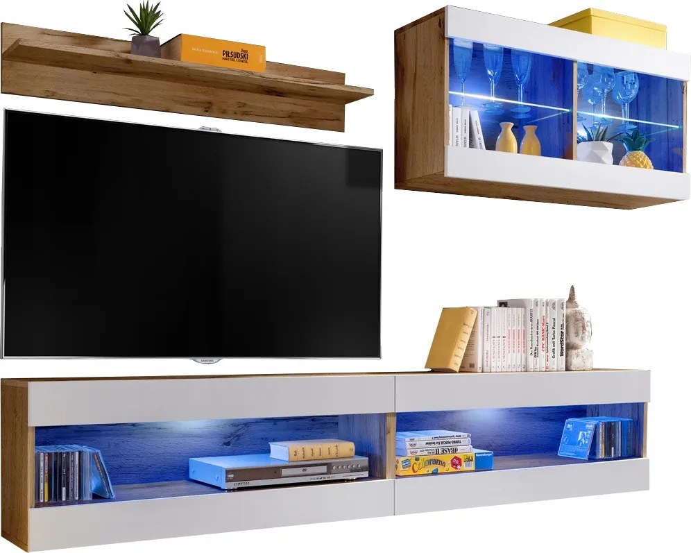 Rtv bútor szett Tivoli SET6 Wotan tölgy/Fehér, Kék Led