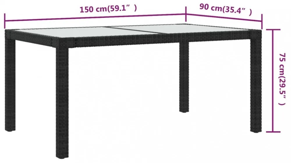 fekete polyrattan és edzett üveg kerti asztal 150 x 90 x 75 cm