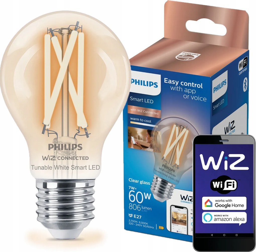Led izzó E27 A60 7W 60W 2700-6500K Filament Smart WiFi Philips WiZ
