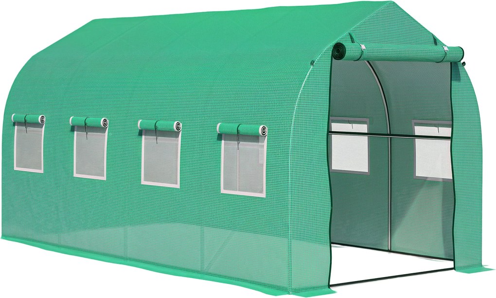 Outsunny 4x2x2 m Kültéri Üvegház 8 Hálós Ablakkal és Ajtóval, Zöld Kert Üvegház Teraszkerthez | Aosom