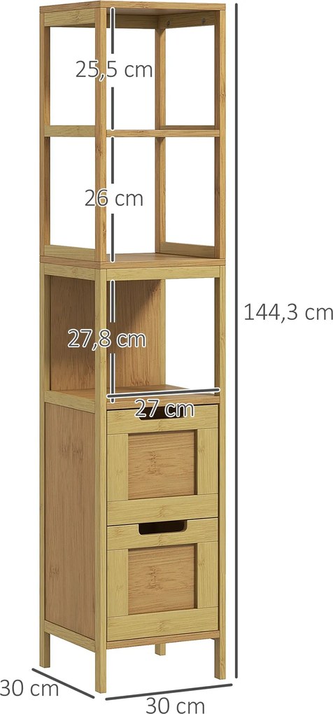 Kleankin Cozy Stílusú Fürdőszobai Oszlop Tároló Szekrény 30L x 30W x 144H cm 3 Polccal és 2 Fiókkal Természetes Bambuszból | Aosom