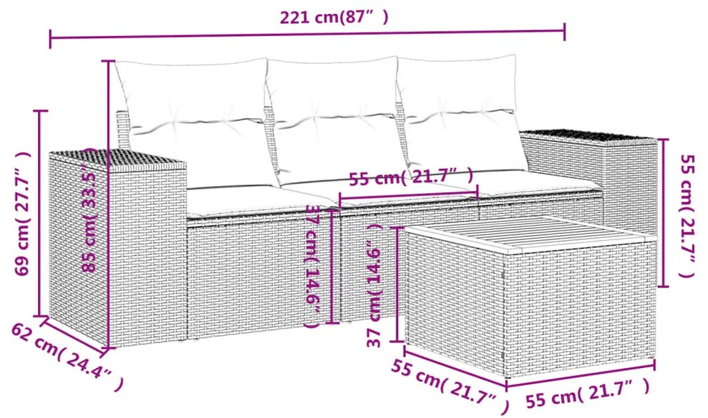 4 részes fekete polyrattan kerti ülőgarnitúra párnákkal