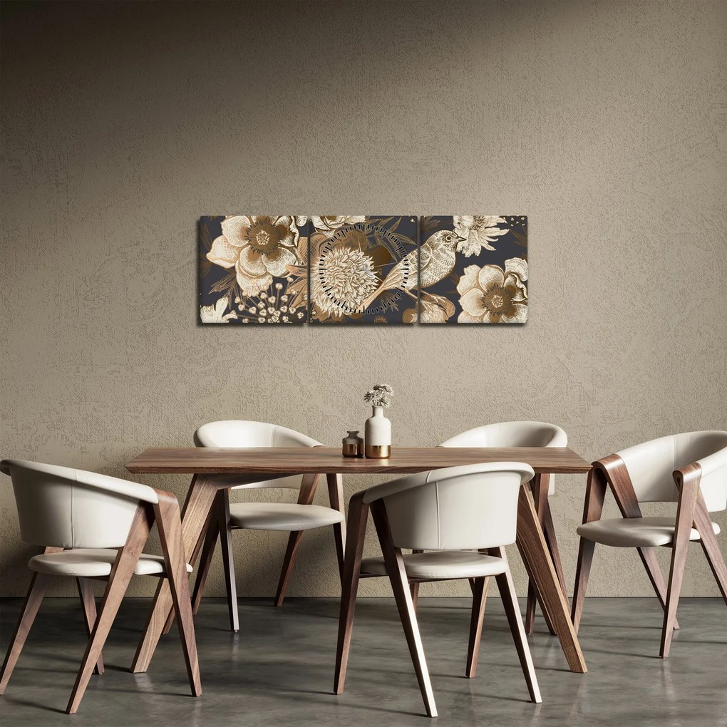Sötét alapon arany virágok képe (órával) (90x30 cm)